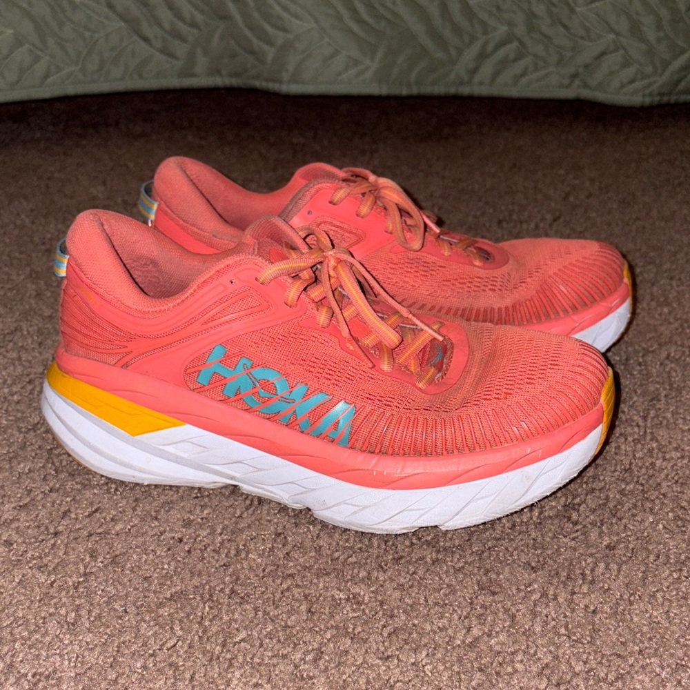 Hoka Coral and White Athletic Shoes